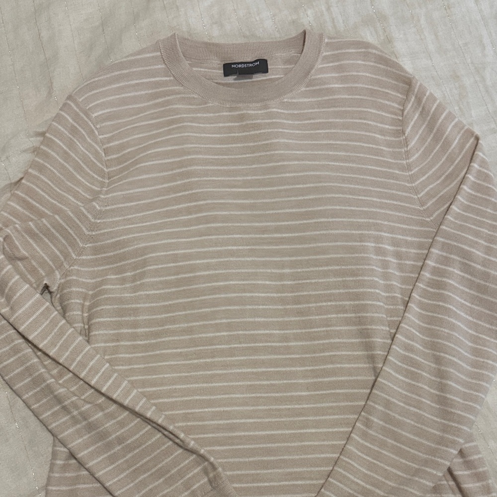 Nordstrom Men's Beige and White Striped Crewneck Sweater